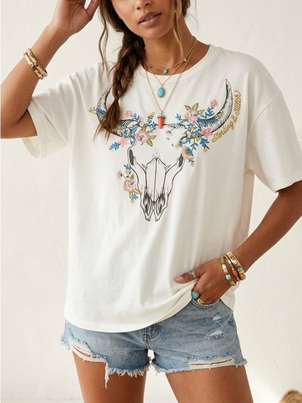 Sterling & Stitch Floral Steer Oversized T-Shirt XL Cream Western-Inspired